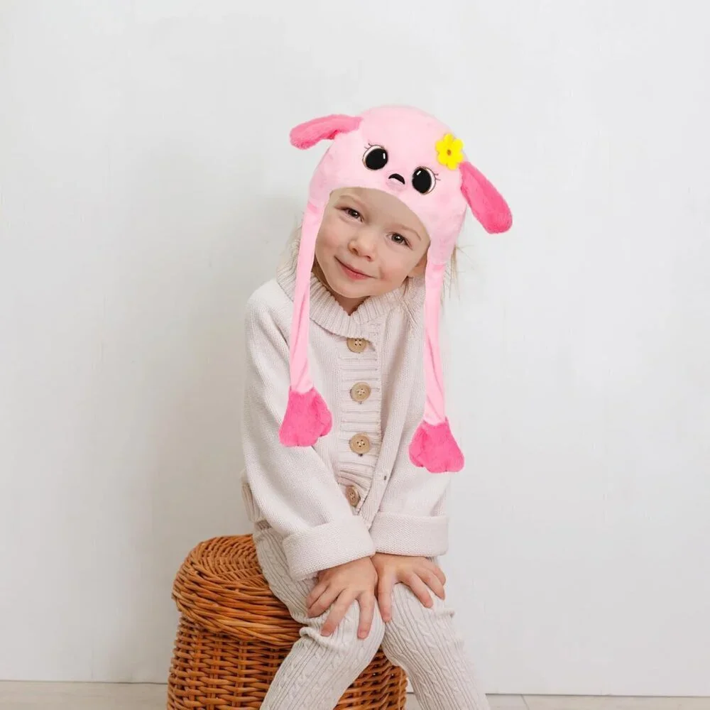 Kids Flamingo Animal Hat with Ears Moving Jumping Pop Up Beating Plush Holiday